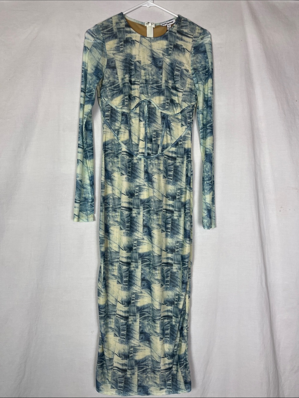 NWT Pretty Garbage Blue Abstract Corseted Maxi Dress with Long Sleeves